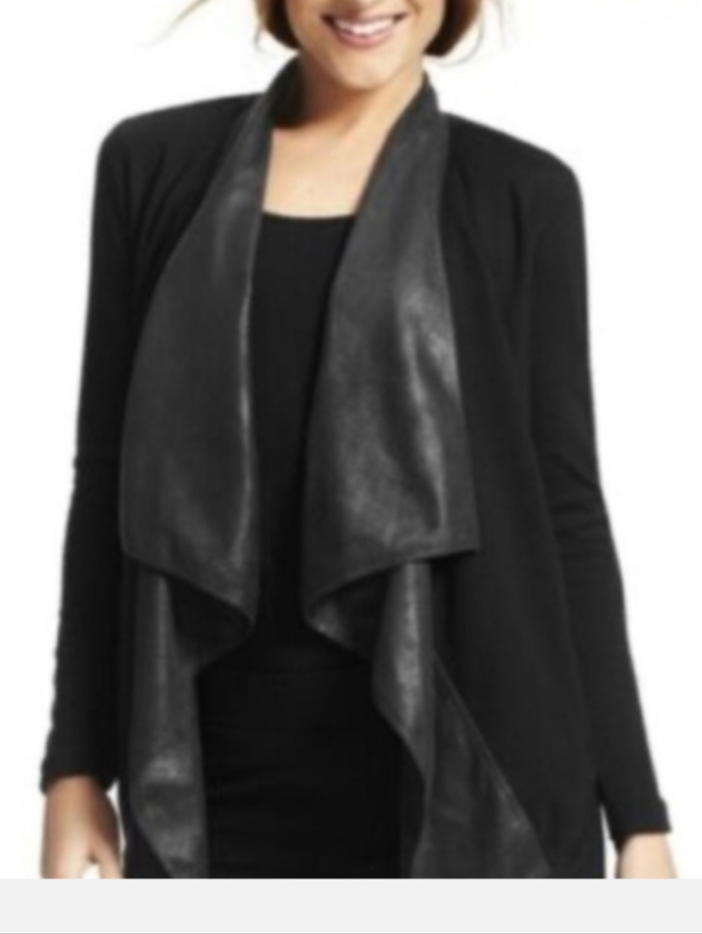 Cabi #527 Size S Black Draped Open Front Cardigan with Faux Leather Trim